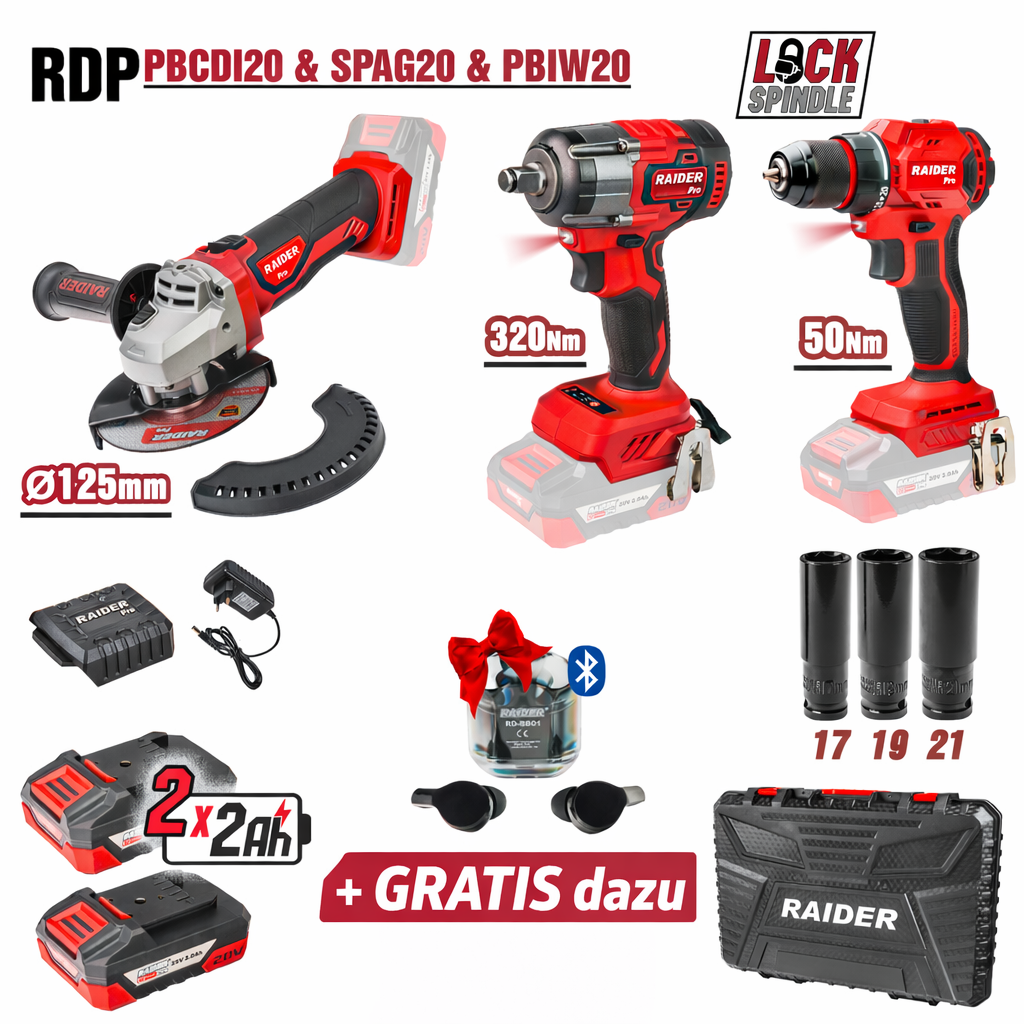 Raider Pro R20 Akku-Set: Bohrschrauber & Winkelschleifer & Schlagschrauber + 2×2Ah Akku + Ladegerät + Koffer + Geschenk Bluetooth-Kopfhörer – RDP-PBCDI&SPAG&PBIW