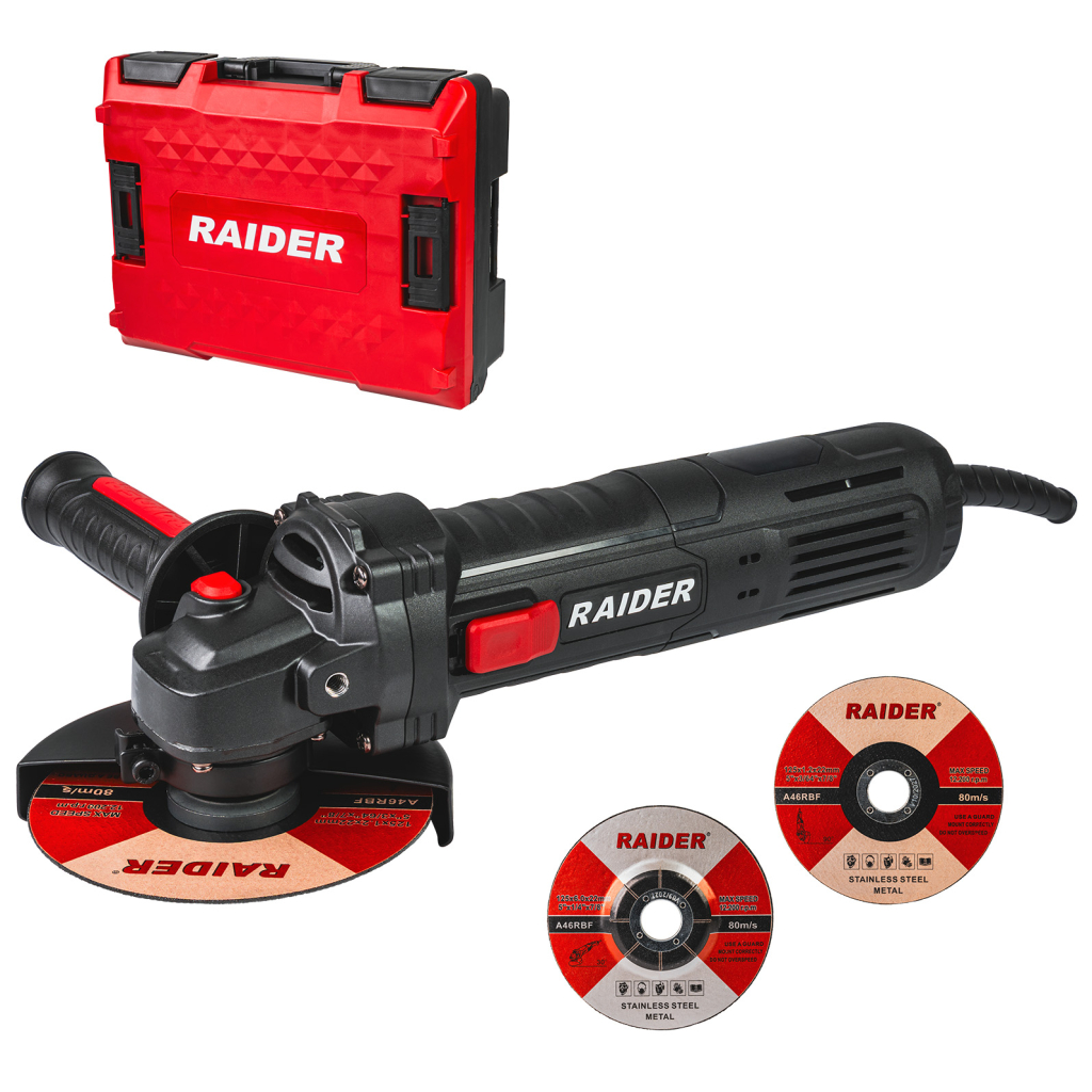 Raider Pro Winkelschleifer 125mm 900W mit LCD-Anzeige, 2 Scheiben & Red Case – RDP-AG79 Black Edition
