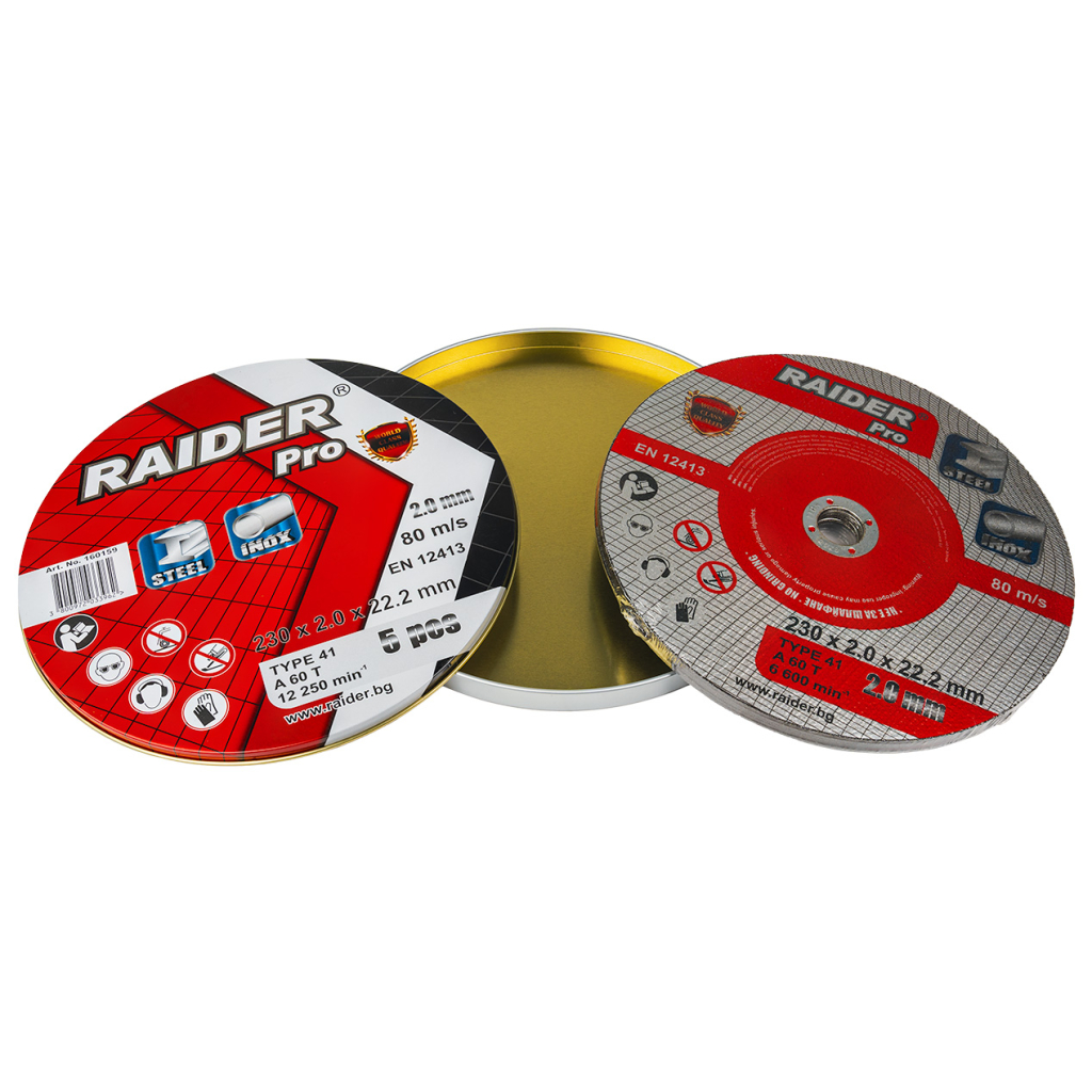 Raider Pro Trennscheibe Metall 230 × 2,0 × 22,2 mm A60T Inox – Metallbox (5 Stück)