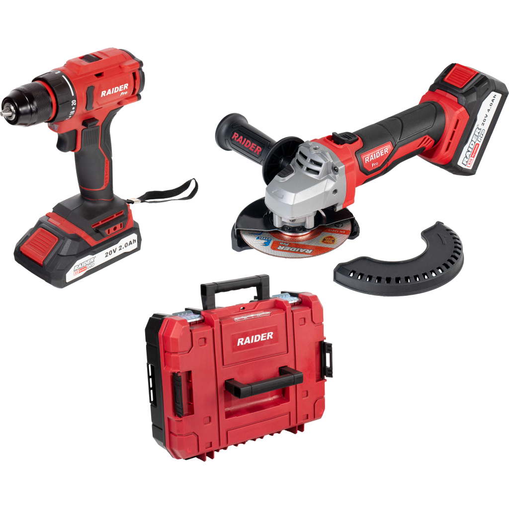 Raider Pro R20 Akku-Schlagbohrschrauber & Akku-Winkelschleifer 2Ah + 4Ah Set mit Koffer – RDP-PBCDI20&SPAG20
